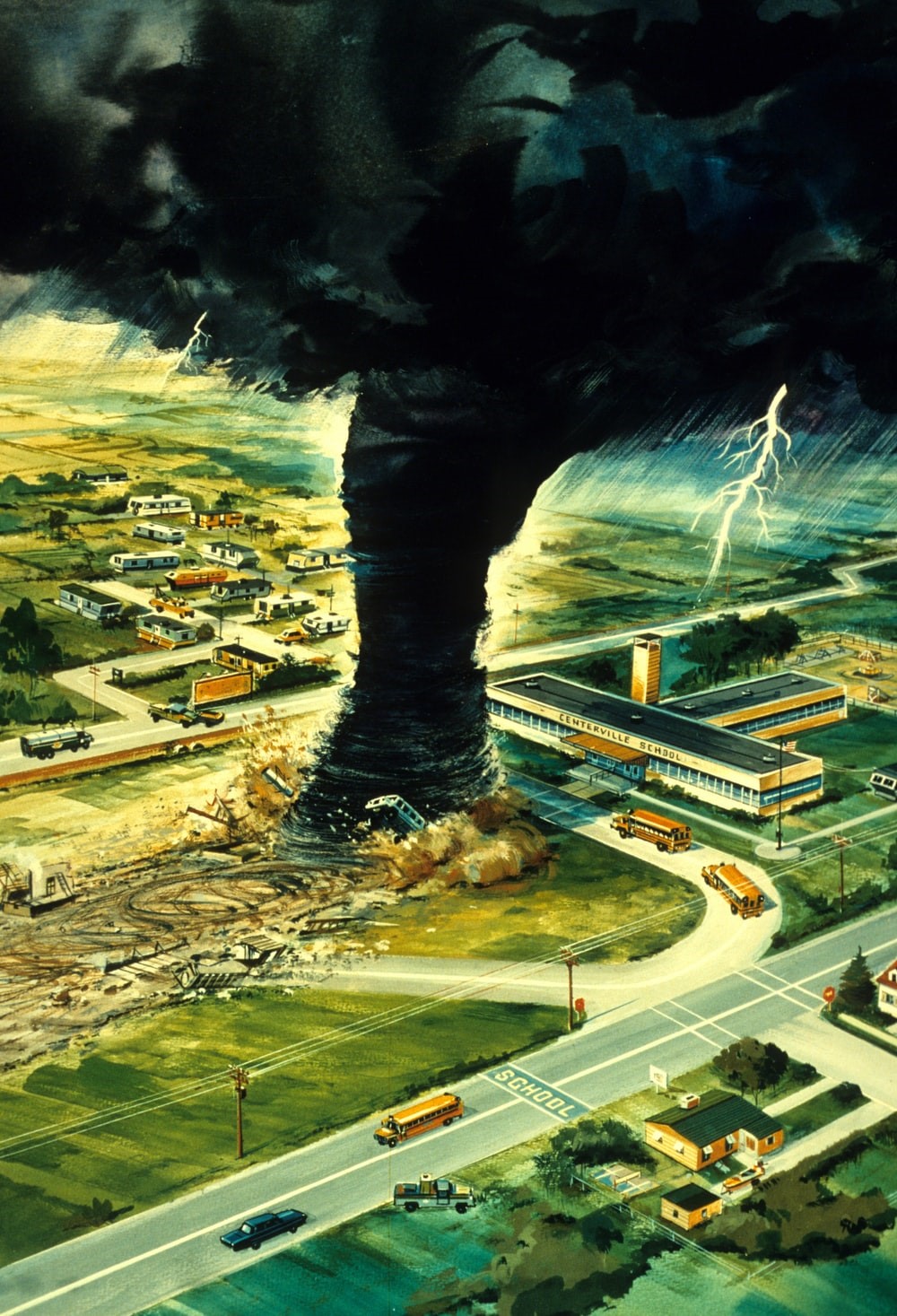 Depiction of a Tornado Heading Toward a School
